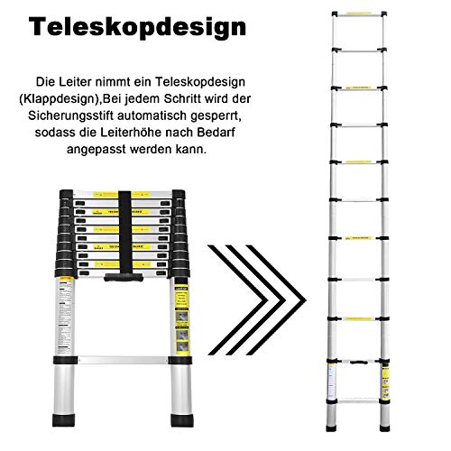 Escalera telescópica de aluminio 4,4M escalera plegable escalera multifunción fácil de transportar capacidad máxima de carga 150 kg