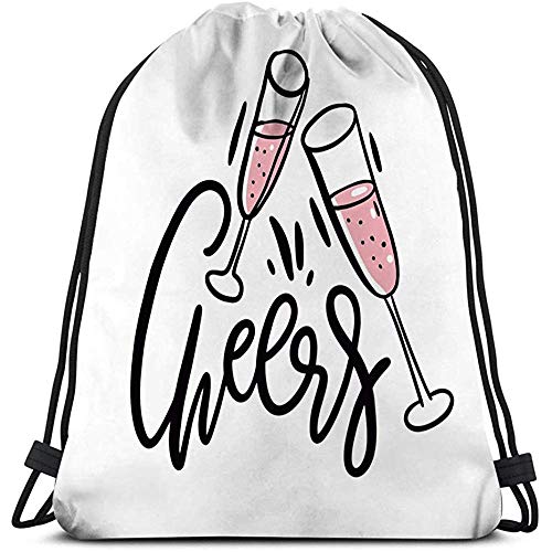 Escuela Bolsa De Cuerda,Mochila con Cordón Bolso Ligero Gimnasio Viaje Yoga Casual Snackpack Bolso De Hombro para Senderismo Natación Vítores Leyenda Dibujado A Mano Copas De Vino Letras Aisladas