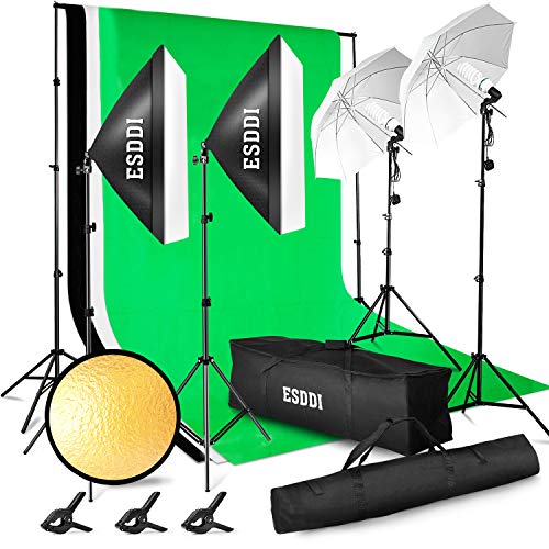 ESDDI - Kit de iluminación Profesional con Softbox y Paraguas - 4x85W - para Estudio de fotografía y vídeo - Fondo con Soporte (Blanco, Negro y Verde) - 3 Metros x 2.6 Metros con Bolsa de Transporte ESDDI - Kit de iluminación Profesional con Softbox y Paraguas - 4x85W - para Estudio de fotografía y vídeo - Fondo con Soporte (Blanco, Negro y Verde) - 3 Metros x 2.6 Metros con Bolsa de Transporte