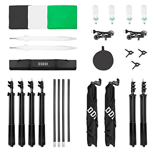 ESDDI - Kit de iluminación Profesional con Softbox y Paraguas - 4x85W - para Estudio de fotografía y vídeo - Fondo con Soporte (Blanco, Negro y Verde) - 3 Metros x 2.6 Metros con Bolsa de Transporte ESDDI - Kit de iluminación Profesional con Softbox y Paraguas - 4x85W - para Estudio de fotografía y vídeo - Fondo con Soporte (Blanco, Negro y Verde) - 3 Metros x 2.6 Metros con Bolsa de Transporte