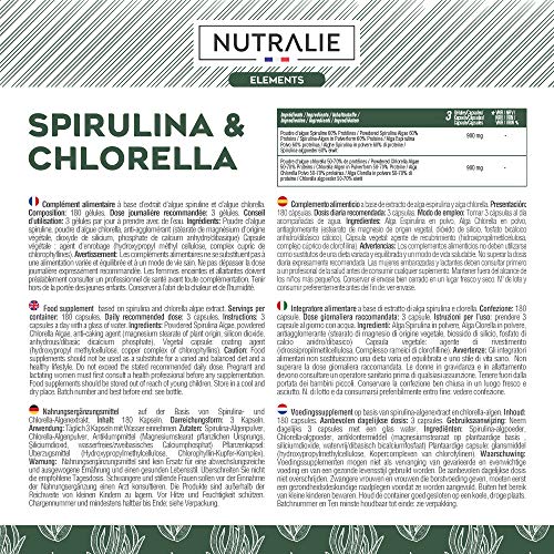 Espirulina & Chlorella 1800mg | Detox, Energía, Fuerza y Efecto Saciante | Superalimento Rico en Proteínas y Vitaminas | 180 Capsulas 100% Veganas | Nutralie