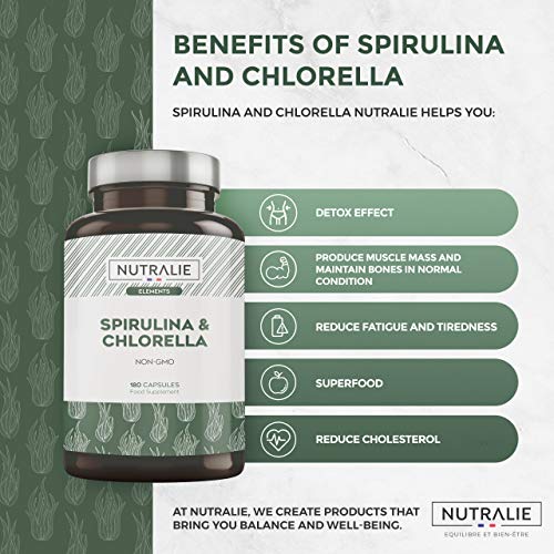 Espirulina & Chlorella 1800mg | Detox, Energía, Fuerza y Efecto Saciante | Superalimento Rico en Proteínas y Vitaminas | 180 Capsulas 100% Veganas | Nutralie