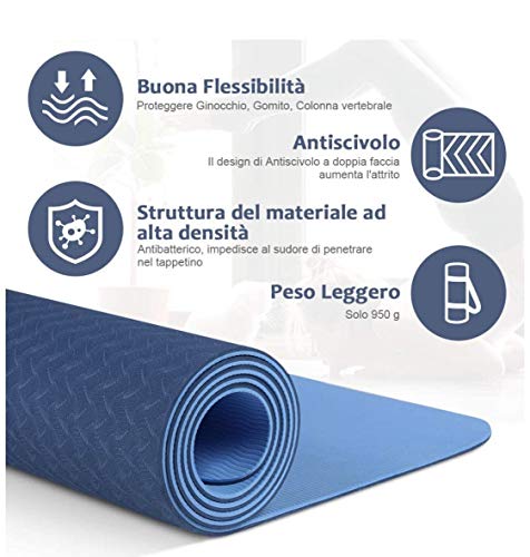 Esterilla de yoga de TPE | Stop Making Excuses | Marca Italiana | Medidas 183 x 61 x 0,6 cm | TPE adherencia + | Estable y cómodo | Antideslizante, ecológico y reciclable (azul)