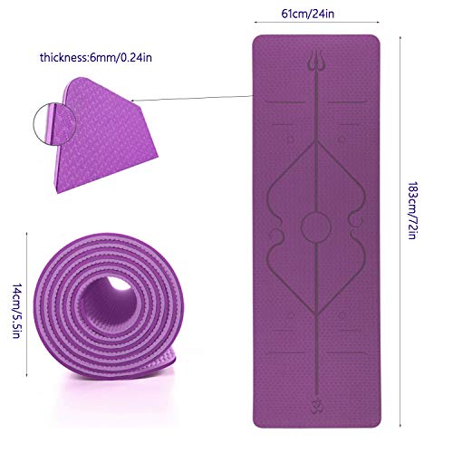 Esterilla Yoga Esterilla Pilates Antideslizante, 6mm Alfombrilla de Yoga con Línea Corporal, Ecológicos TPE Esterilla Deporte con Correa y Bolsa de Malla, Yoga Mat para Pilates Yoga Fitness 183x61cm