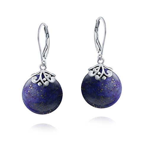 Estilo Azul Lapislázuli Piedras Preciosa Disco Redondo Gotas Filigrana Colgante Pendiente De Plata Esterlina 925 Mujer