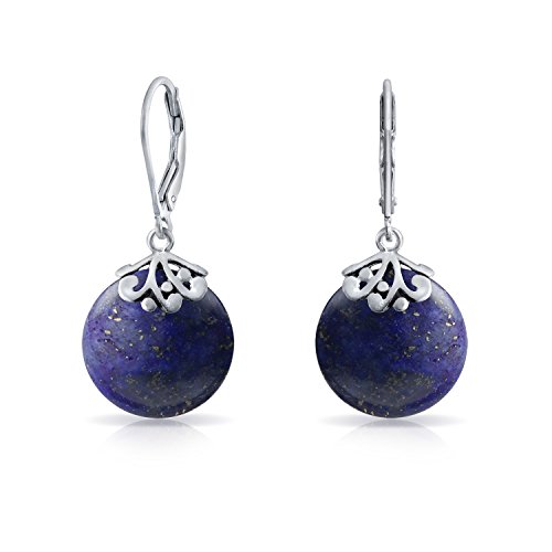 Estilo Azul Lapislázuli Piedras Preciosa Disco Redondo Gotas Filigrana Colgante Pendiente De Plata Esterlina 925 Mujer