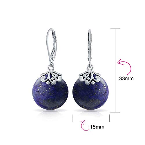 Estilo Azul Lapislázuli Piedras Preciosa Disco Redondo Gotas Filigrana Colgante Pendiente De Plata Esterlina 925 Mujer