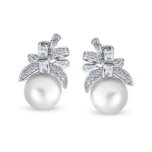 Estilo Victoriano Lazo Nupcial CZ Zirconio Cúbico Blanco Perla Simulado Bow Pendiente De Boton Para Mujer 925 Estilo Victoriano Lazo Nupcial CZ Zirconio Cúbico Blanco Perla Simulado Bow Pendiente De Boton Para Mujer 925