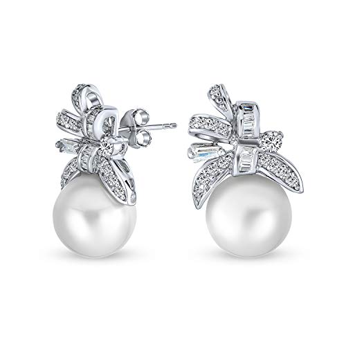Estilo Victoriano Lazo Nupcial CZ Zirconio Cúbico Blanco Perla Simulado Bow Pendiente De Boton Para Mujer 925 Estilo Victoriano Lazo Nupcial CZ Zirconio Cúbico Blanco Perla Simulado Bow Pendiente De Boton Para Mujer 925
