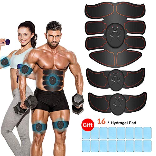 Estimulador Muscular Abdominales, EMS Electroestimulador Muscular Abdominales, ABS Estimulador Muscula para Hombre/Mujer, Abdomen Brazo Piernas Glúteos, Almohadillas de Gel 16pcs (Negro)