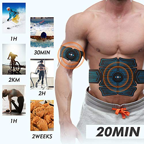 Estimulador Muscular Abdominales, JuYue Electroestimulador Muscular USB Recargable, ABS Abdominales Electroestimulacion para Bdomen/Brazo/Piernas/Glúteos con 14pcs Gel Pads (Negro)