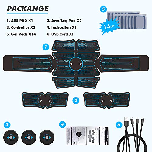 Estimulador Muscular Abdominales, JuYue Electroestimulador Muscular USB Recargable, ABS Abdominales Electroestimulacion para Bdomen/Brazo/Piernas/Glúteos con 14pcs Gel Pads (Negro)