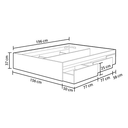 Estructura Cama con 4 Cajones, Cama Doble, Modelo Kendra, Acabado en Color Blanco Brillo, Medidas: 156 cm (Ancho) x 196 cm (Fondo) x 37 cm (Alto)