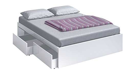 Estructura Cama con 4 Cajones, Cama Doble, Modelo Kendra, Acabado en Color Blanco Brillo, Medidas: 156 cm (Ancho) x 196 cm (Fondo) x 37 cm (Alto)