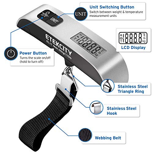 ETEKCITY Báscula Digital de Equipaje con Gancho 50 kg/ 110 lb, Pantalla LCD, Función de Tara y Datos-Bloqueados, Sensor de Temperatura, Balanza Ergonómica para Maletas Equipaje de Viaje EL11