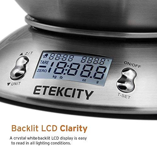 Etekcity Báscula Digital para Cocina con Bol Removible, 5 kg / 11 lbs, Balanza de Cocina de Acero Inoxidable, Temporizador y Sensor de Temperatura, Pantalla LCD, EK4150 Etekcity Báscula Digital para Cocina con Bol Removible, 5 kg / 11 lbs, Balanza de Cocina de Acero Inoxidable, Temporizador y Sensor de Temperatura, Pantalla LCD, EK4150