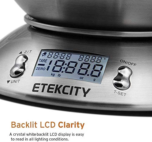 Etekcity Báscula Digital para Cocina con Bol Removible, 5 kg / 11 lbs, Balanza de Cocina de Acero Inoxidable, Temporizador y Sensor de Temperatura, Pantalla LCD, EK4150