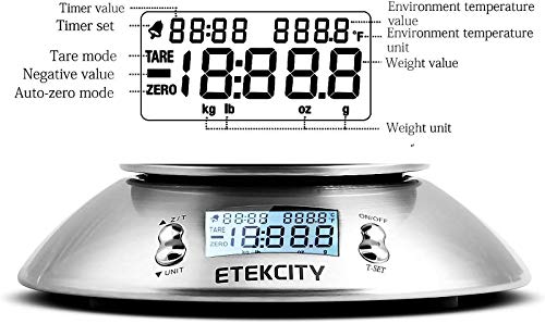 Etekcity Báscula Digital para Cocina con Bol Removible, 5 kg / 11 lbs, Balanza de Cocina de Acero Inoxidable, Temporizador y Sensor de Temperatura, Pantalla LCD, EK4150