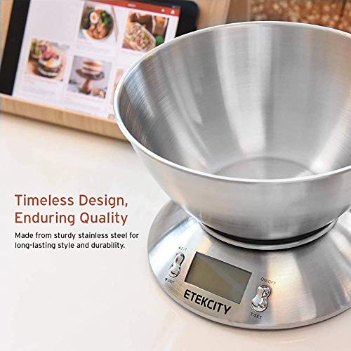 Etekcity Báscula Digital para Cocina con Bol Removible, 5 kg / 11 lbs, Balanza de Cocina de Acero Inoxidable, Temporizador y Sensor de Temperatura, Pantalla LCD, EK4150