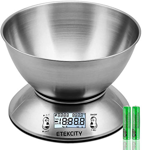 Etekcity Báscula Digital para Cocina con Bol Removible, 5 kg / 11 lbs, Balanza de Cocina de Acero Inoxidable, Temporizador y Sensor de Temperatura, Pantalla LCD, EK4150