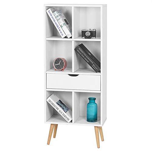 EUGAD Estantería para Libros Estante Separador de Espacios Estantería para Archivos Estantería de Almacenamiento Estantería de Pie con Cajón, 6 Compartimentos, 50x29,5x120cm, Blanco 0010SHG