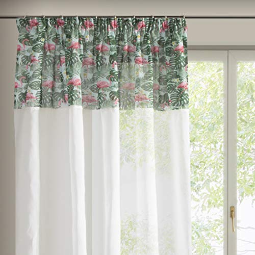 Eurofirany Flamenco Tropical Flores Hojas Fruncido Cinta Rosa Transparente Cortinas Lisas Estilo botánico salón Dormitorio 1 Pieza, 100% poliéster, Color Blanco, Verde y Multicolor, 140 x 250 cm