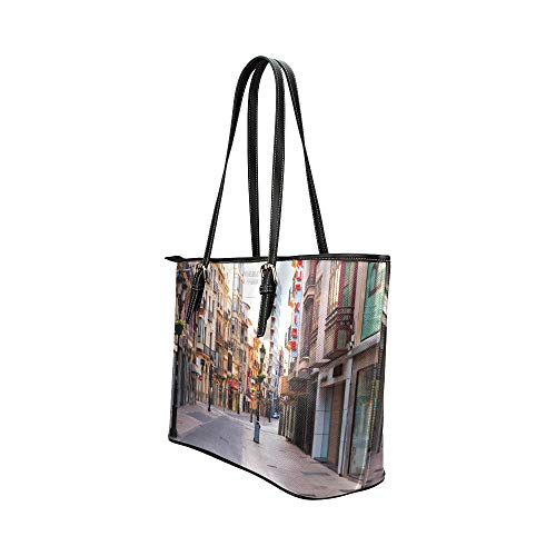 European Street Town Paisaje cuero grande con asa superior portátil Bolsas mano Bolsos causales Bolsos con cremallera Hombro Compras Monedero Organizador equipaje para damas niñas para mujer