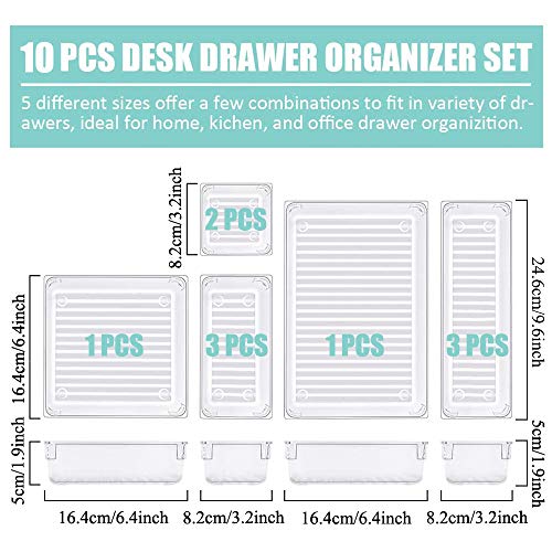 Evance 10 Cajas Organizador de Cajón Plástico, Organizadores Transparentes para Cajones, Bandejas de Maquillaje Papelería Cubiertos para Baño Cocina Oficina Escritorio (Tranparente)