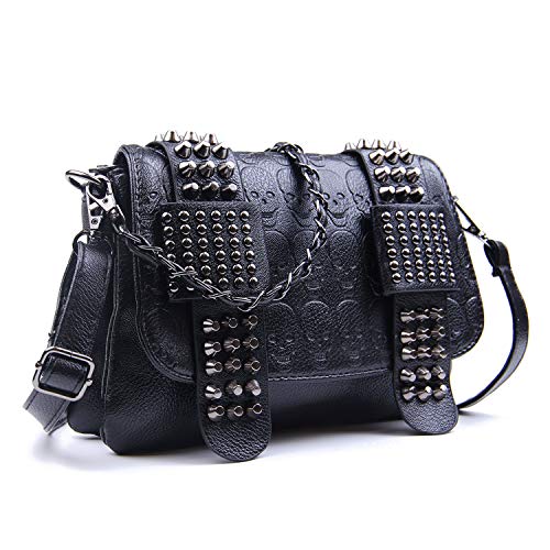 EVEOUT Bolso Bandolera Estampado de Calaveras Punk Para Mujer Bolso de Hombro de Calavera Gótica de Cuero con Cadena/Cartera Larga para Mujer Modelo