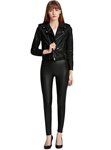 Everbellus Mujer Sexy Negro Leggins Cuero con Bolsillo Skinny Elástico Pantalón Medio