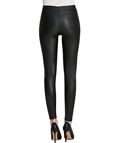 Everbellus Mujer Sexy Negro Leggins Cuero con Bolsillo Skinny Elástico Pantalón Medio