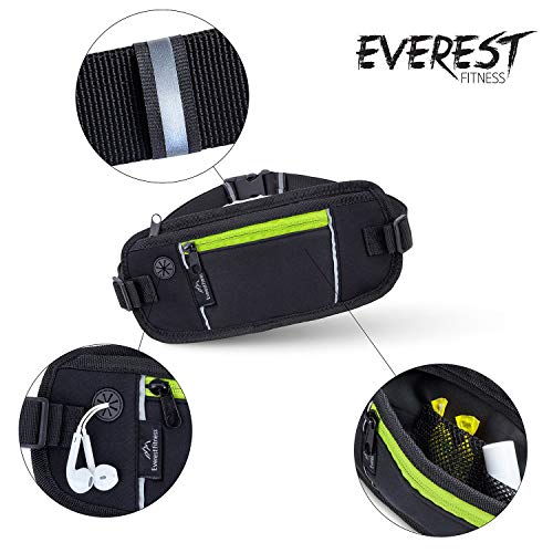 EVEREST FITNESS riñonera Deportiva Negra con Bolsillos para el móvil y Dinero, Incluye Cintas Reflectantes para una Mayor Visibilidad en la Oscuridad - Bandolera, Bolsa para móvil, Bolso Deportivo