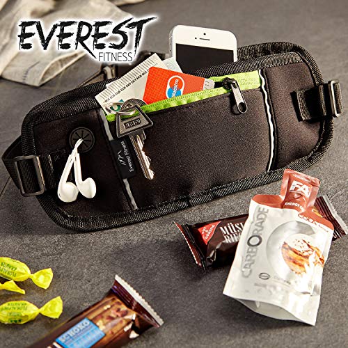 EVEREST FITNESS riñonera Deportiva Negra con Bolsillos para el móvil y Dinero, Incluye Cintas Reflectantes para una Mayor Visibilidad en la Oscuridad - Bandolera, Bolsa para móvil, Bolso Deportivo