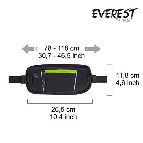 EVEREST FITNESS riñonera Deportiva Negra con Bolsillos para el móvil y Dinero, Incluye Cintas Reflectantes para una Mayor Visibilidad en la Oscuridad - Bandolera, Bolsa para móvil, Bolso Deportivo