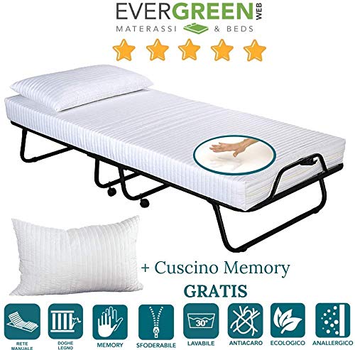 EvergreenWeb - Kit Somier Plegable y Colchón Individual 80 x 190 en Espuma Viscoelástica de 12 cm de Altura + Almohada Viscoelástica Gratuita, Revestimiento Removible, Red de Láminas de Madera