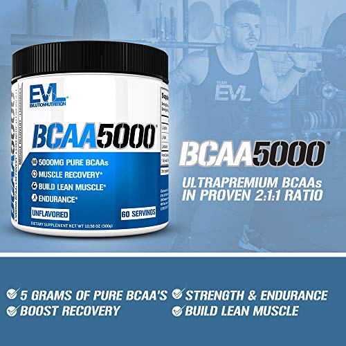 Evlution Nutrition BCAA 5000 - Suplemento En Polvo De Aminoácidos Ramificados Proporciona 5 Gramos De BCAA Calidad Premium Cada Toma, Contiene 60 Tomas Sin Aromas