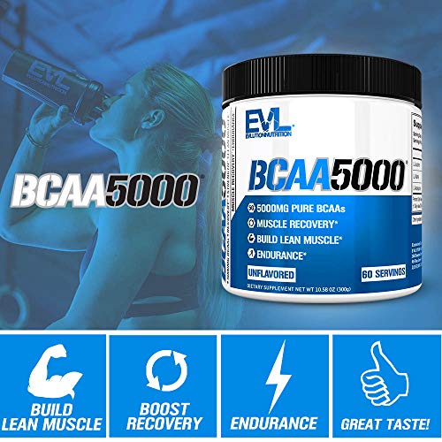 Evlution Nutrition BCAA 5000 - Suplemento En Polvo De Aminoácidos Ramificados Proporciona 5 Gramos De BCAA Calidad Premium Cada Toma, Contiene 60 Tomas Sin Aromas