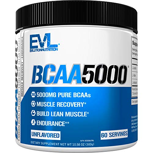 Evlution Nutrition BCAA 5000 - Suplemento En Polvo De Aminoácidos Ramificados Proporciona 5 Gramos De BCAA Calidad Premium Cada Toma, Contiene 60 Tomas Sin Aromas