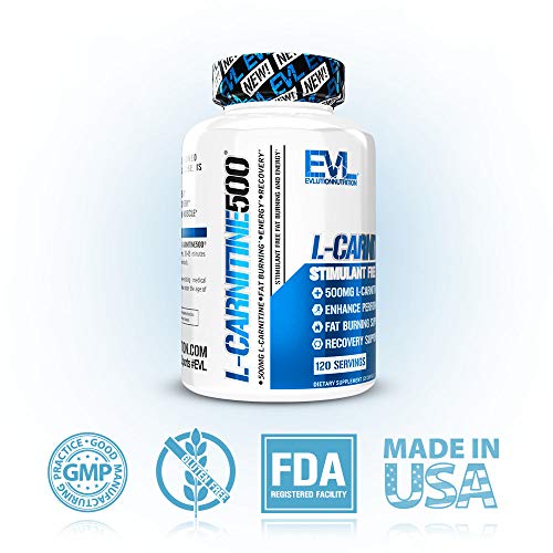 Evlution Nutrition L-Carnitine500 500 mg de Pura L Carnitina en Cada Porción (120 Porciones, Cápsulas)