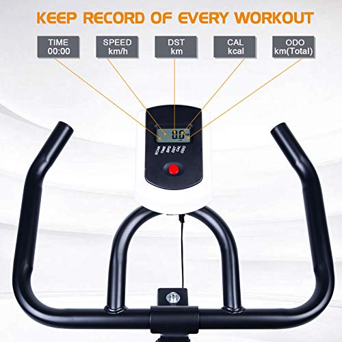 EVOLAND Bicicleta estática para interiores, Bicicleta estática magnética, Pantalla LCD, Bicicleta giratoria con resistencia ilimitada, Soporte para hervidor, Asiento ajustable - Negro