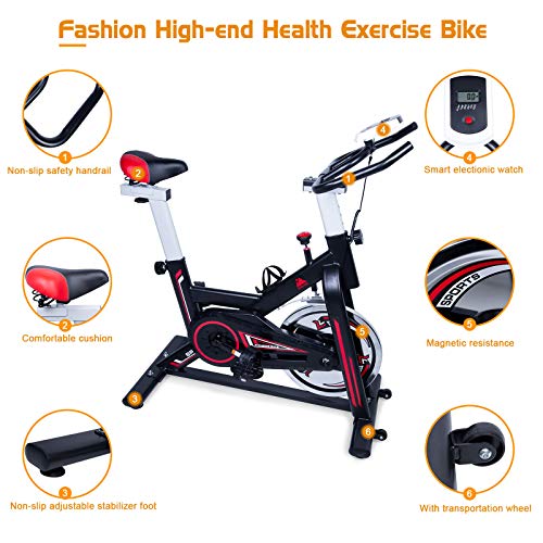 EVOLAND Bicicleta estática para interiores, Bicicleta estática magnética, Pantalla LCD, Bicicleta giratoria con resistencia ilimitada, Soporte para hervidor, Asiento ajustable - Negro