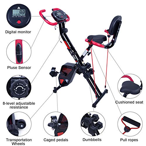 EVOLAND Bicicleta Estática Plegable, Bicicleta Estática de Fitness Multinivel de Resistencia Magnética con Monitor Rítmo Cardíaco para Ejercicio Entrenamiento en Casa, MAX hasta 120 kg (Rojo+Negro)