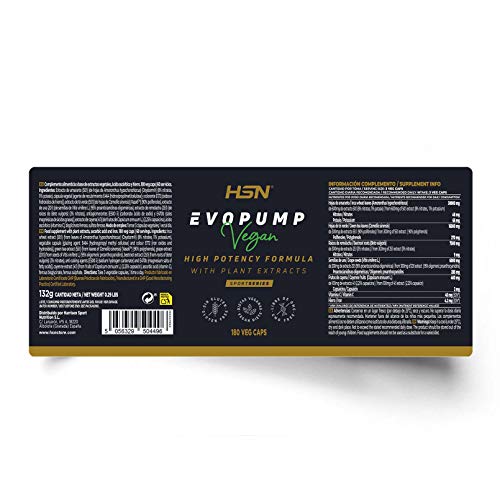 Evopump de HSN | Pre Entreno sin Cafeína ni Creatina | Pre-entreno Ultra Concentrado | Pre Workout Óxido Nítrico | Vegano, Sin Gluten, Sin Lactosa | 180 Veg Caps