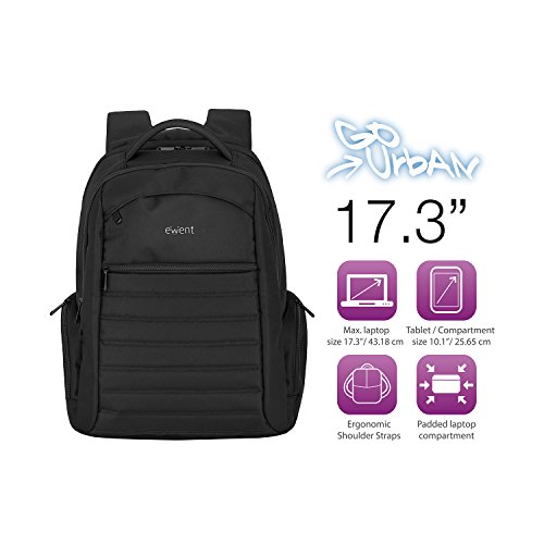 Ewent Urban Mochila para Ordenador Portátil, Maletín Ejecutivo Espacioso, Mochila Escolar Impermeable y Práctica para Viajes, Se Adapta a Portátiles de hasta 15.6" y 17", Color Negro