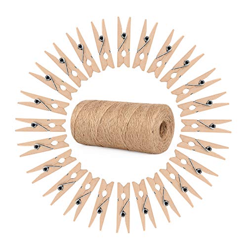 ewtshop® 100 minipinzas de madera + 100 metros de cuerda de yute, pinzas de la ropa, mini pinzas de madera, pinzas decorativas, tamaño: 2,5 cm aprox.