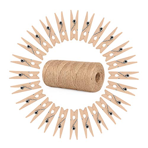 ewtshop® 100 minipinzas de madera + 100 metros de cuerda de yute, pinzas de la ropa, mini pinzas de madera, pinzas decorativas, tamaño: 2,5 cm aprox. ewtshop® 100 minipinzas de madera + 100 metros de cuerda de yute, pinzas de la ropa, mini pinzas de madera, pinzas decorativas, tamaño: 2,5 cm aprox.