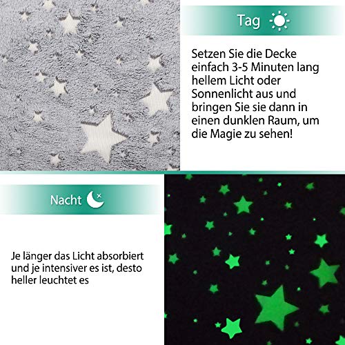 Exqline Manta Polar con Brillante Estrellas, 152 x 127 cm, Manta de Franela Estrella Luminosas para Niños, Invierno, Todas Las Estaciones con Bonito Embalaje de Arco como un Regalo… (Gris)