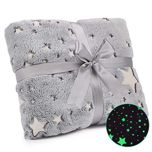 Exqline Manta Polar con Brillante Estrellas, 152 x 127 cm, Manta de Franela Estrella Luminosas para Niños, Invierno, Todas Las Estaciones con Bonito Embalaje de Arco como un Regalo… (Gris)