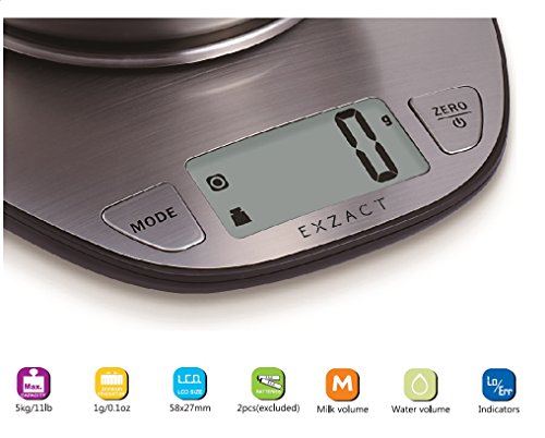 Exzact Básculas de Cocina/Balanza Electrónica/Escala Electrónica con Pantalla Grande y con Cuenco de Acero Inoxidable - 5kg/11lb (EX4350) Exzact Básculas de Cocina/Balanza Electrónica/Escala Electrónica con Pantalla Grande y con Cuenco de Acero Inoxidable - 5kg/11lb (EX4350)