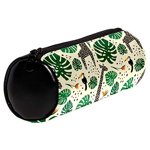 EZIOLY - Estuche de piel con diseño de jirafas, tucanes y hojas de palma, para cosméticos, para la escuela, el trabajo o la oficina